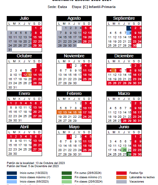 Calendario y materiales curso 2023-2024